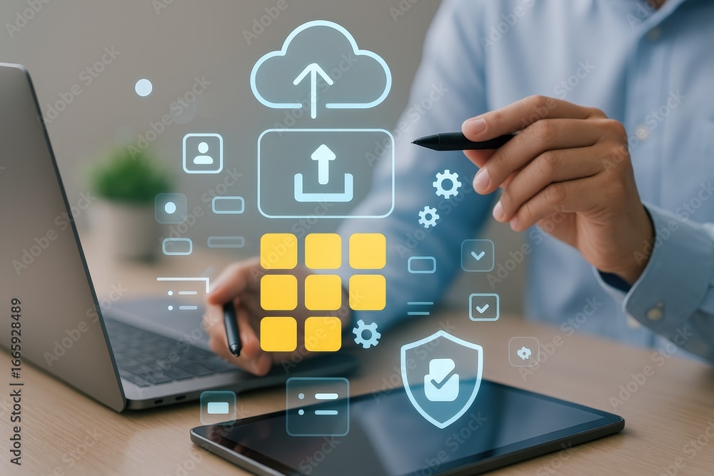 Poster a person interacts with a digital interface overlayed on a desk featuring cloud computing and data t
