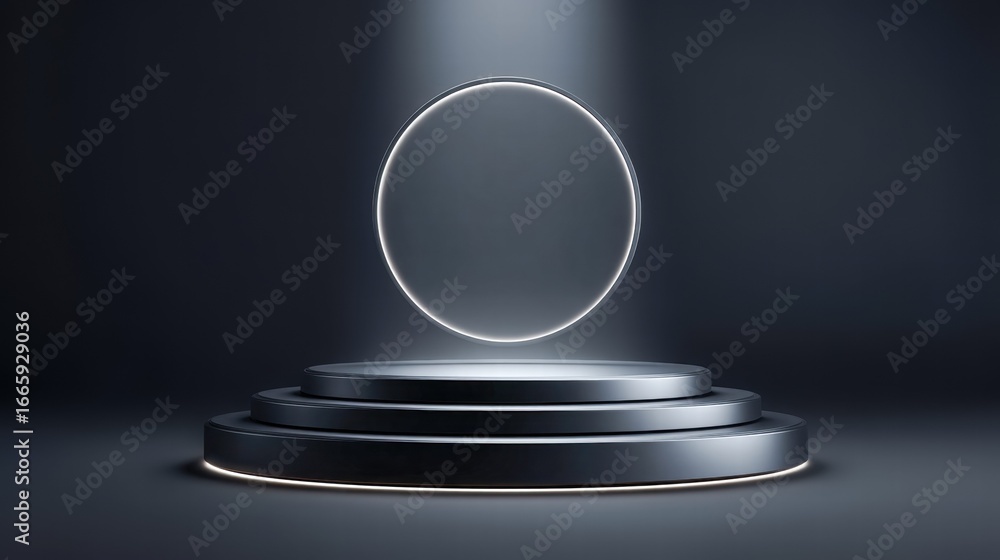 Poster minimalist 3d render of a product presentation on a tiered platform with a floating circle.
