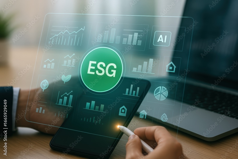 Poster a modern interface displays esg metrics and data visualizations on a tablet screen, overlaid with gr