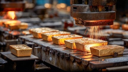 Close-up of gold bars being forged in a manufacturing process.