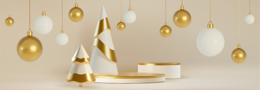 White and gold xmas display with hanging baubles - 3d scene with cone trees, layered podium platforms, glossy ornaments above. Elegant holiday product showcase setup for luxury seasonal presentation