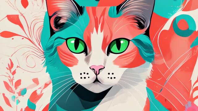 video of Modern artistic cat illustration combining abstract geometric and organic elements in trendy colors for International Cat Day