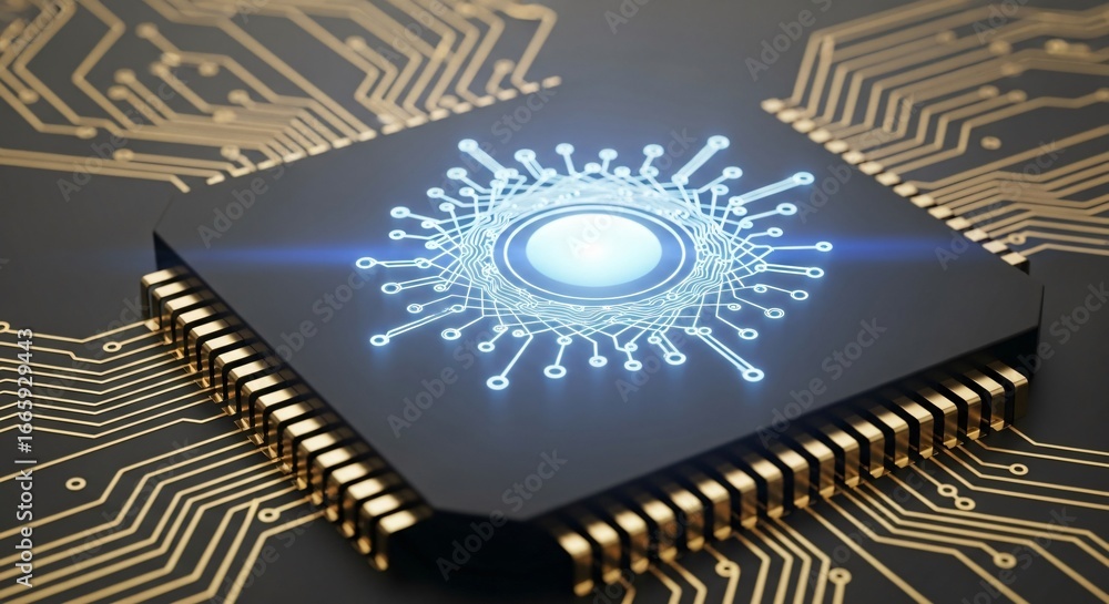 Poster glowing digital circuit board with central processing unit