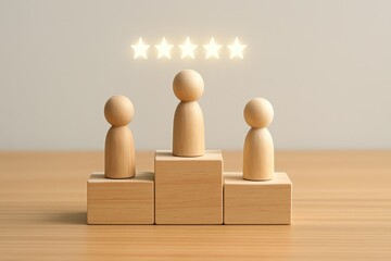 Three wooden figurines stand on tiered blocks, signifying achievement and recognition, illuminated by glowing stars above.