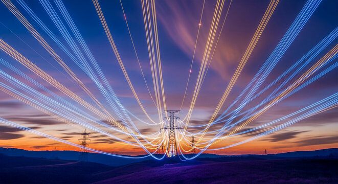 Abstract long-exposure effect of high-voltage power lines glowing like streams of light across the sky