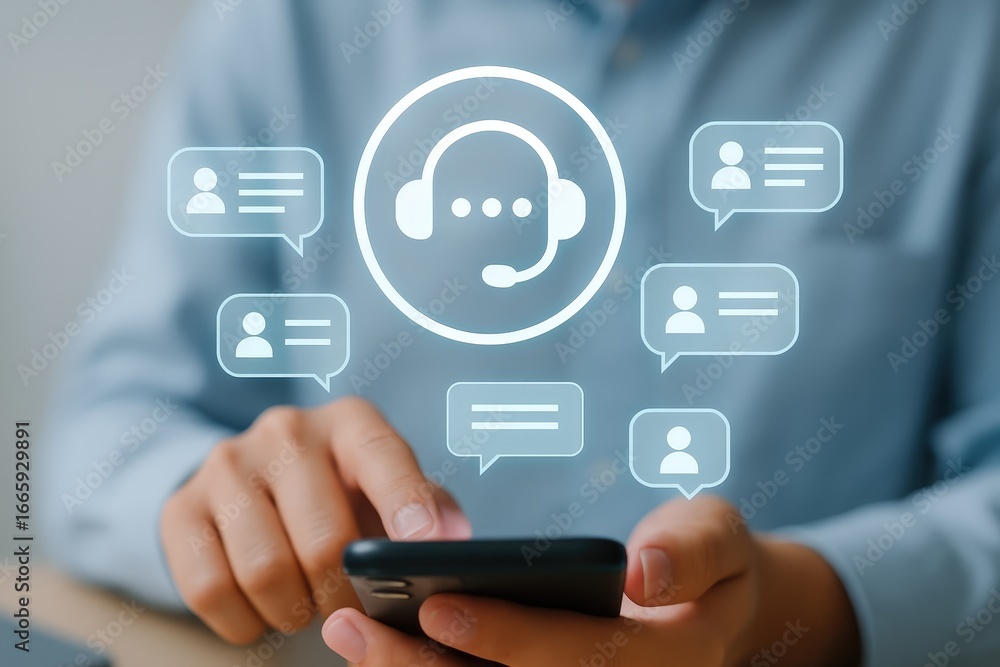 Poster a person interacts with a modern customer service interface displayed on a smartphone, featuring a c