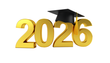 Golden 2026 Graduation Year with Mortarboard Cap on Transparent Background Render