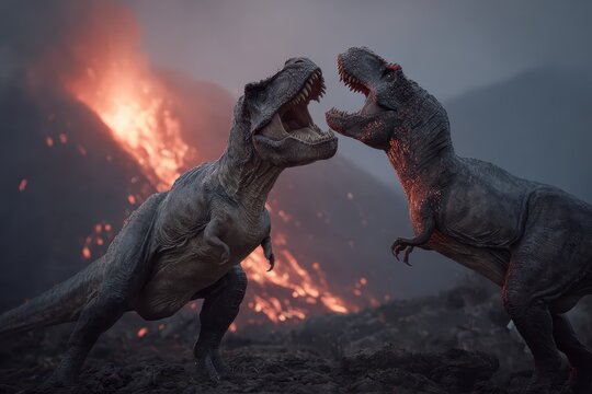 Dueling Tyrannosaurus Rex dinosaurs clash amid a fiery volcanic eruption in a dramatic prehistoric landscape