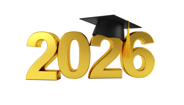 Golden 2026 Graduation Year with Mortarboard Cap on Transparent Background Render