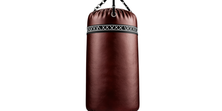 Brown Leather Punching Bag with Silver Chain Hanging Against White Background, cut out transparent
