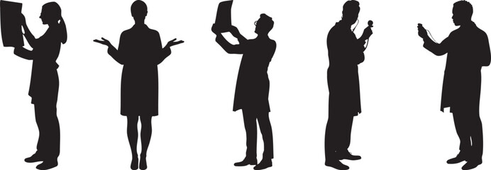 Silhouette of medical professionals in lab coats examining xrays and using equipment