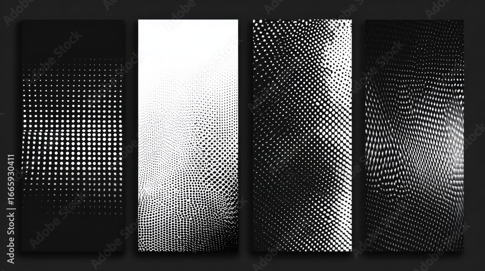 Poster four vertical panels display an abstract black and white dotted and gradient pattern composition.