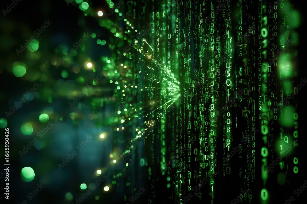 Poster visual representation of digital data flow in vibrant green colors illuminating a cyberspace environ