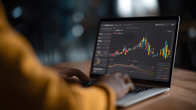 Person using laptop displaying stock market chart in a dark room.