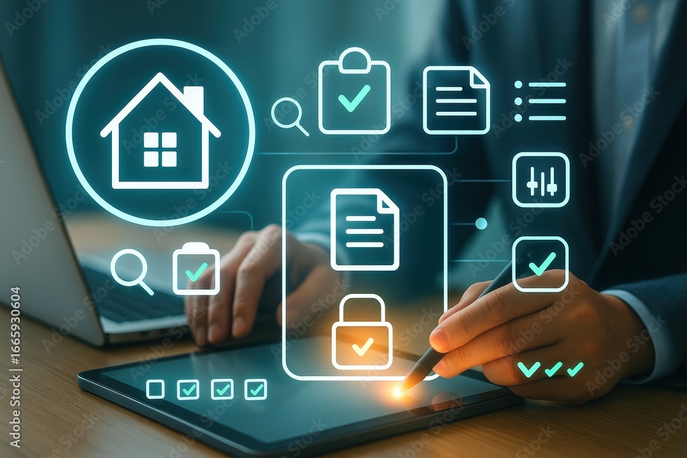 Poster a person interacts with digital interface elements, including a home icon and various document symbo