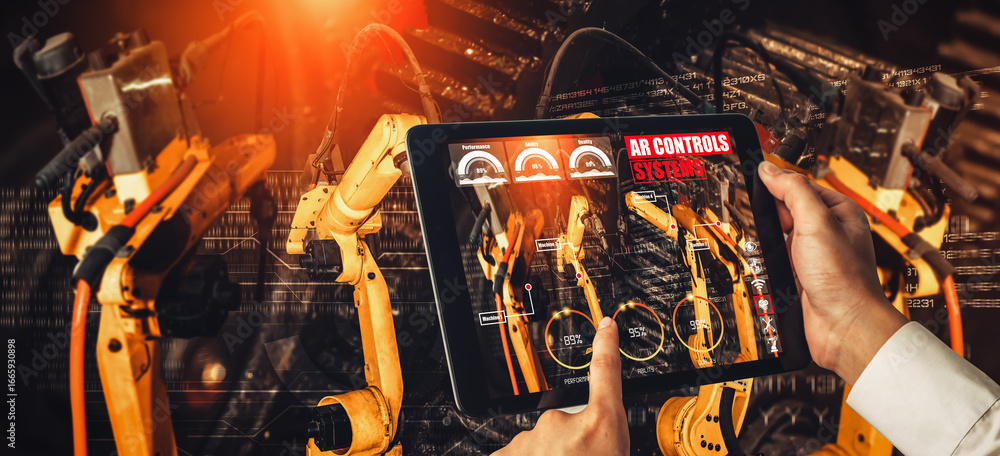 Poster engineer controls robotic arms by augmented reality industry technology application software. smart 
