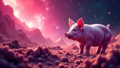 Swirling pink nebula, star-shaped pigs amongst cosmic dust, cute, celestial, digital art