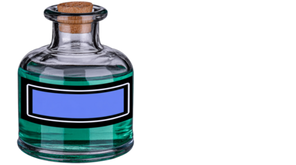 Small Glass Bottle with Green Liquid and Cork Stopper Isolated, cut out transparent