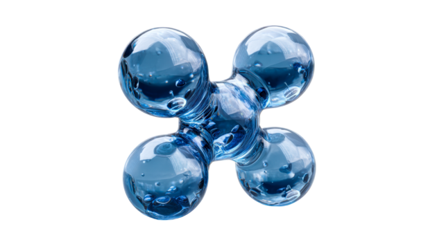 Abstract blue glass object with internal bubbles and reflective surface on white, cut out transparent