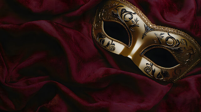 Gold mask on dark red velvet with copy space for text. Background illustration for a masquerade ball.