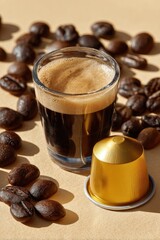 Fototapeta premium Espresso shot in a glass, surrounded by coffee beans and a gold capsule