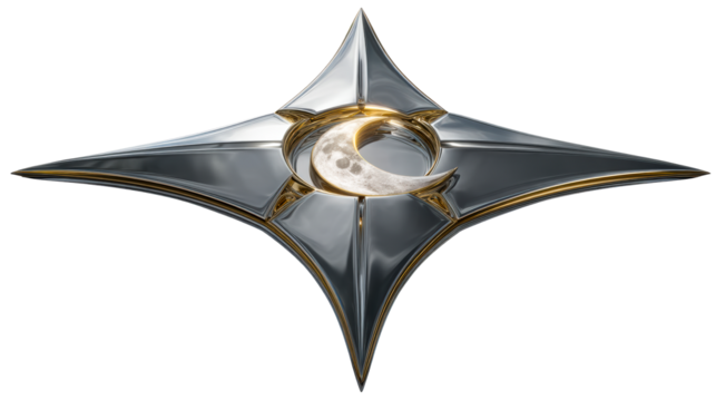 Ornate Metallic Star with Crescent Moon Detail, cut out transparent
