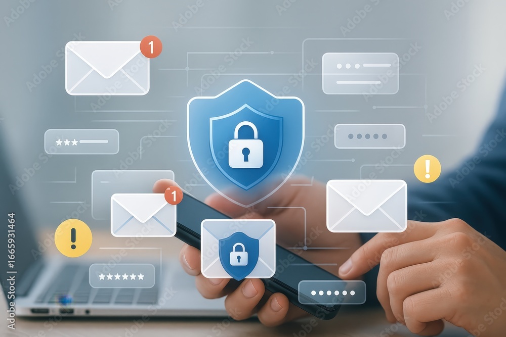 Poster a user interacts with a mobile device, displaying email security features in a modern interface.