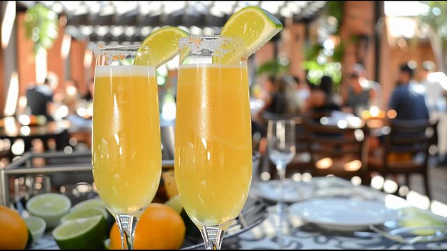 Dew-kissed champagne flutes garnished with lime wedges and sugar rim on a sunlit resort brunch table with tropical fruits and greenery bokeh