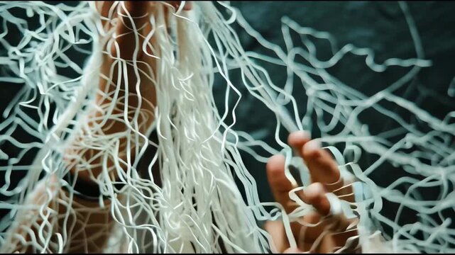 A person&rsquo;s hands delicately disentangle an intricate network of white threads symbolizing clarity emerging from chaos
