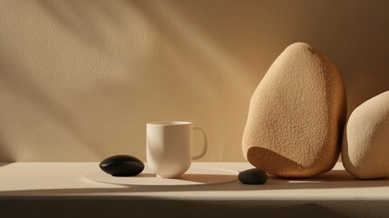 A minimalist still life arrangement featuring a white mug, black spheres, and a large beige rock on a white surface.