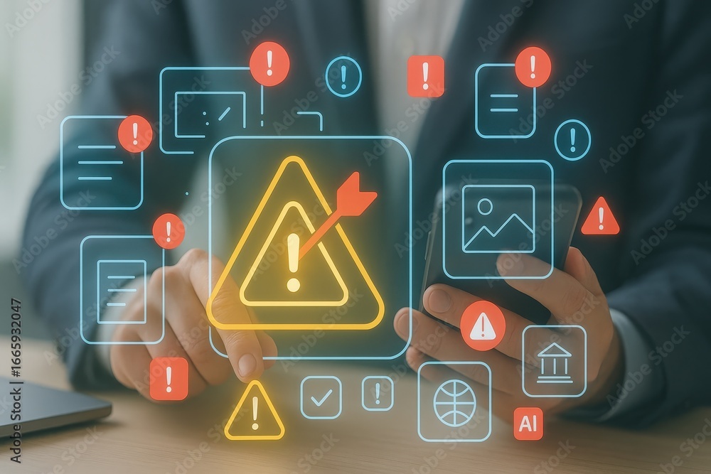 Poster a person interacts with digital interface displaying various error and warning symbols on a mobile d
