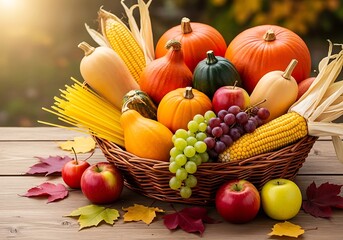 Autumn Harvest Basket with Fruits and Vegetables.