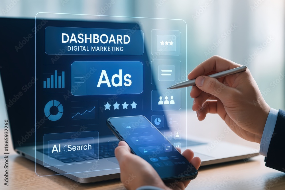 Poster hands interact with a digital dashboard for digital marketing ads, showcasing data visualization and
