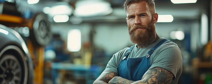 Create an image of a mechanic in a workshop balancing a car wheel, with tattoos and a beard reflecting a unique personality, Generative AI - Powered by Adobe
