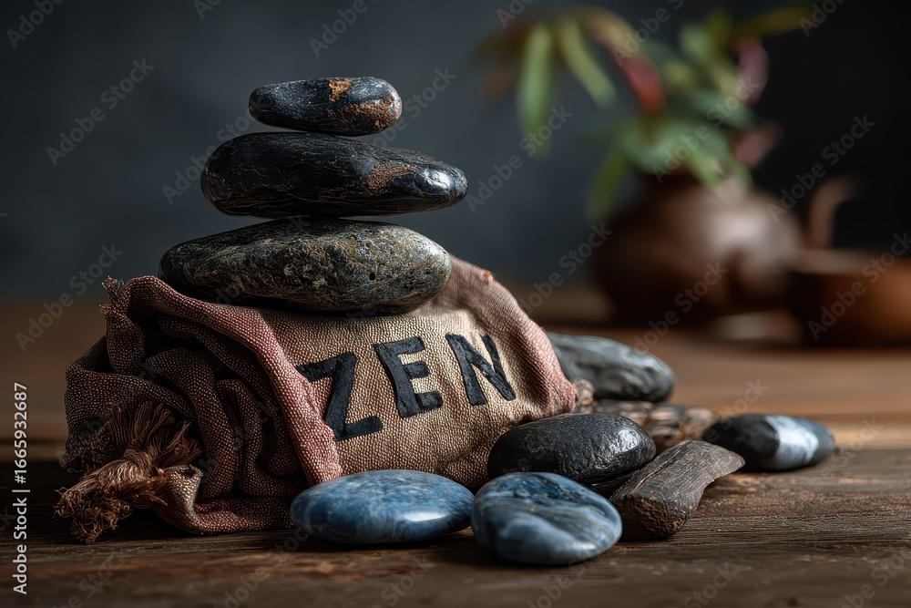 Poster balancing zen stones on a textured cloth with calming elements creating a serene atmosphere for mind