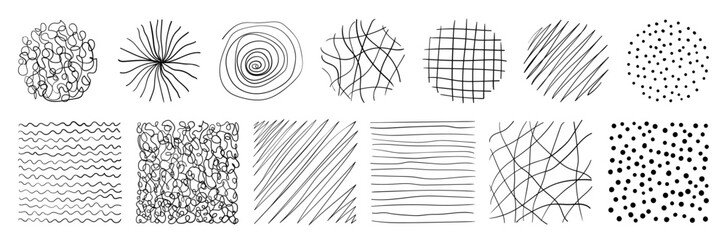 Hand drawn sketch textures vector set. Abstract organic circle and square shapes design elements