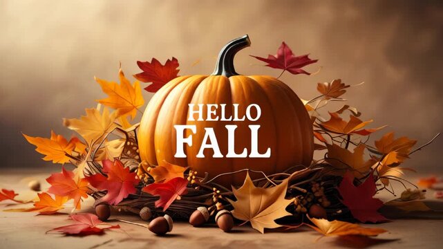 Hello Fall pumpkin surrounded by autumn leaves, creating a cozy seasonal decoration perfect for harvest and Thanksgiving celebrations
