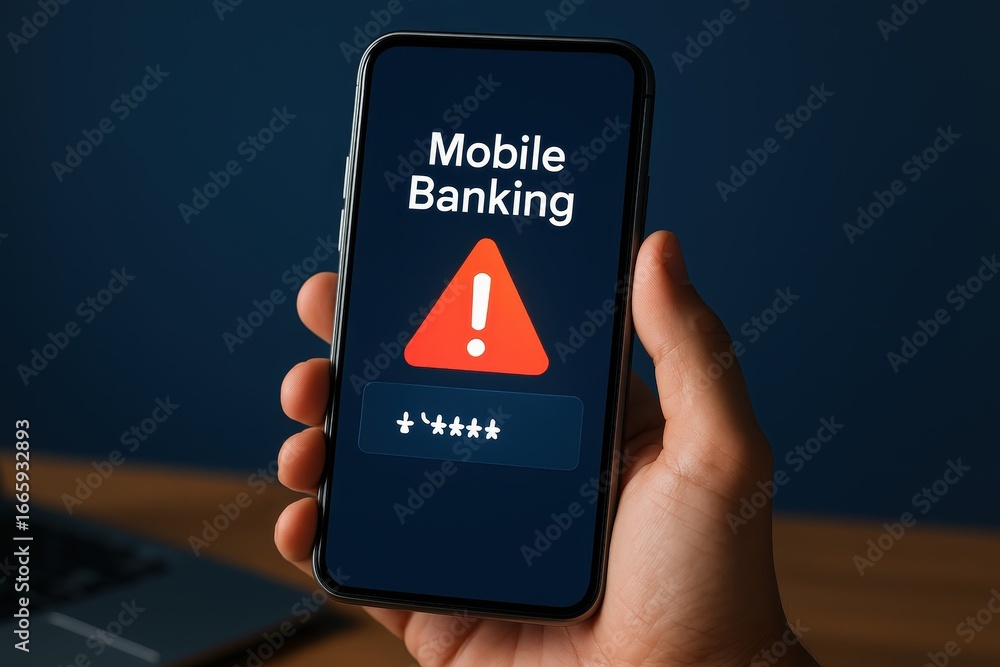 Poster a hand holds a smartphone displaying a mobile banking security alert, with a large red warning trian