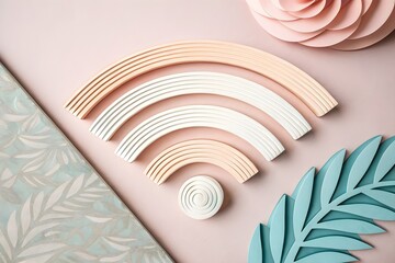 Paper Craft Wi-Fi Signal with Palm Leaves on Pastel Background
