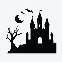 Halloween Castle Silhouette: Bats, Moon, and Dead Tree vector