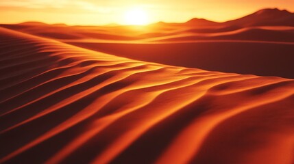 Naklejka premium Close-up of sand ripples on desert dunes at sunset—3D animation aesthetic, orange/red hues for warm atmosphere, sunlight casts long shadows on undulating landscape