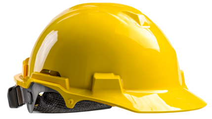 Yellow protective hard hat with adjustable strap and ventilation slits, cut out transparent