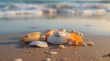 A close up of a collection of various seashells and pebbles resting on a wet sandy beach with gentle ocean waves in the background