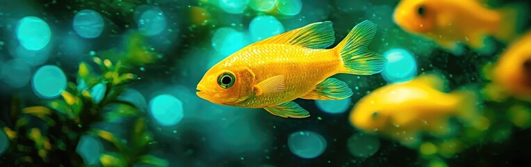 Fototapeta premium A vibrant underwater scene showcasing glowing yellow fish swimming among shimmering bubbles and lush greenery.