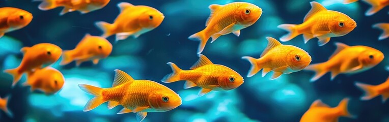 Fototapeta premium A vibrant underwater scene featuring a school of golden fish gracefully swimming in a serene aquatic environment.