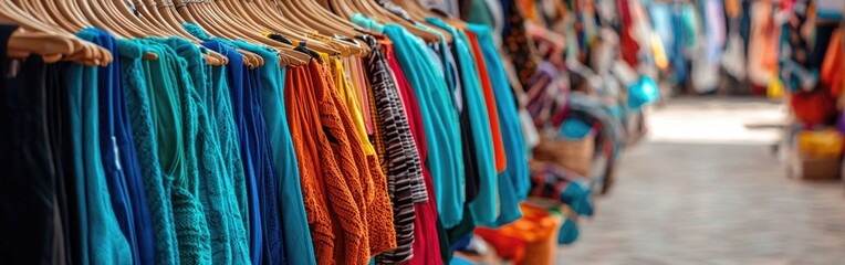 A vibrant market scene showcasing an array of colorful clothing hanging on wooden racks under bright sunlight.