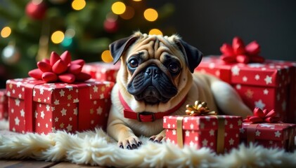 A cartoon pug happily nestled amongst Christmas presents , winter, festive, santa