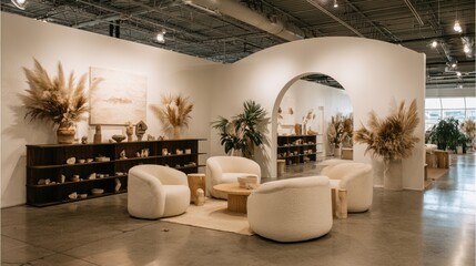 Fototapeta premium Modern Bohemian Interior Lounge with Neutral Tones and Decorative Plants
