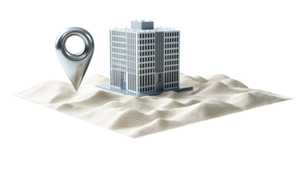 Modern office building situated on undulating terrain with location marker, cut out transparent