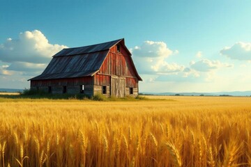 Sun-drenched fields of golden wheat, weathered barn , daytime, summer